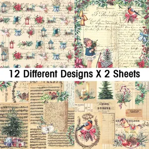 Macro detail of vintage Christmas scrapbook paper with 12 classic retro designs