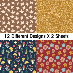 Set de 24 hojas con 12 diseños otoñales incluyendo hojas de membrillo y setas