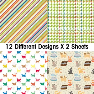 Detail view of 12 cat-themed scrapbook paper designs featuring cute patterns and stripes
