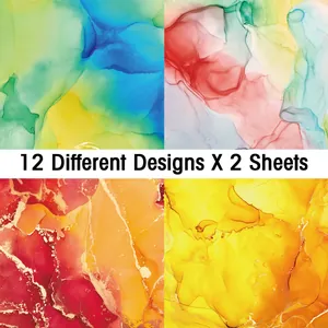 Detailed four-grid view of 12 fluid alcohol ink art designs for DIY scrapbooking