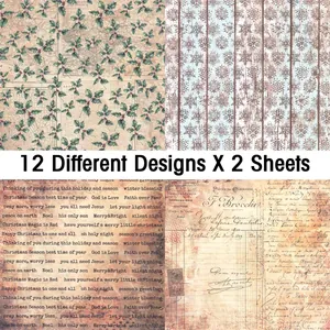 Detail of 12 vintage Christmas scrapbooking papers with holly leaves and winter themes