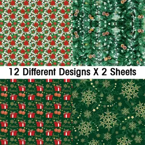 Detailed Christmas scrapbook paper kit with red floral, pine cones and snowflake patterns