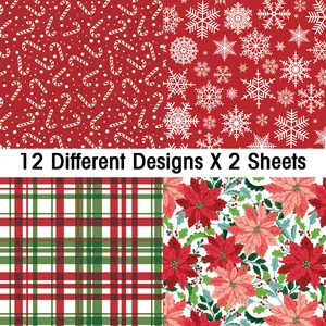 Christmas scrapbook paper set featuring 12 festive designs with snowflakes and plaids