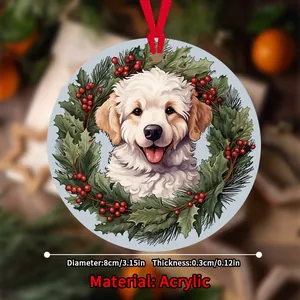 Weihnachtsanhänger Welpe aus Acryl mit roter Schleife, 8cm runder Weihnachtsschmuck