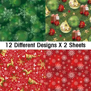 Detailed views of Christmas scrapbooking paper set with snowflakes and reindeer patterns
