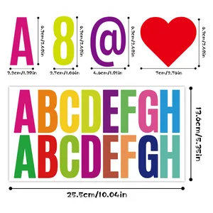 Detailed size specifications for colorful alphabet and number stickers for DIY decoration