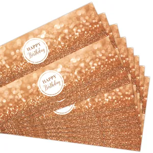 Detail of rose gold glitter Happy Birthday water bottle labels with glossy finish