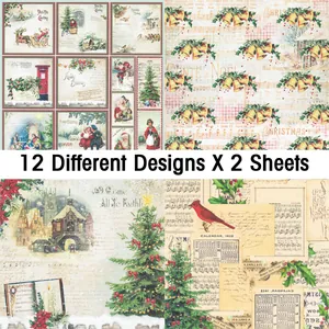 Vista detallada de 12 diseños de papel de scrapbooking de Navidad vintage con motivos