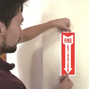 Vertical red fire extinguisher arrow sign with white text for safety identification