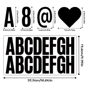 Detailed size specifications for 2.48 inch black vinyl alphabet and number stickers