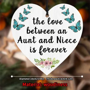 Detail of 10cm heart wooden plaque with Aunt and Niece quote and blue butterfly motifs