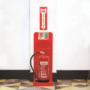 Fire extinguisher set with red foam canister, floor stand and vertical fire sign