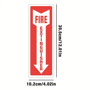 Red 12-inch vertical fire extinguisher sign sticker with white arrow and bold text