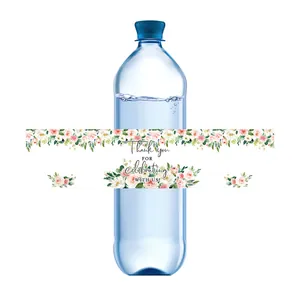 Etiquetas florales para botellas de agua con texto de agradecimiento para bodas