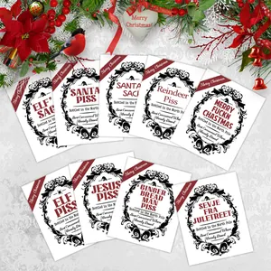 Set van 9 grappige kerst wijnetiketten met feestelijke decoraties voor wijnflessen
