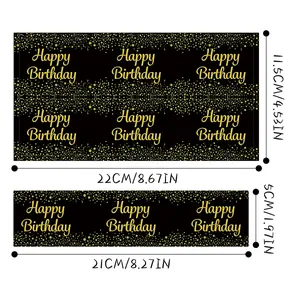 Zwart-gouden Happy Birthday waterfles stickers met afmetingen en stippen patronen decor