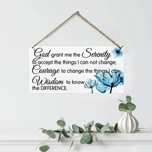 Detail of Serenity Prayer floral wooden sign with rustic jute rope for wall hanging
