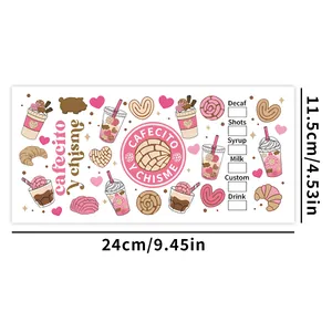 Adesivo UV DTF per bicchieri da 16oz con motivi di caffè e pane messicano Conchas