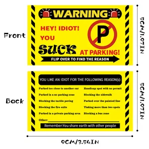 Set of 50 double-sided yellow bad parking cards showing violation reasons and dimensions