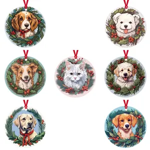 Weihnachten Hund Katze Acryl Hänger Rund Kranz Haustier Tier Illustration Festival Heim Deko Mit Rotem Band