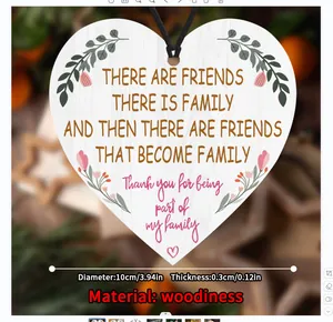 Detailed size view of a 10cm wooden heart ornament with floral pattern and friendship text