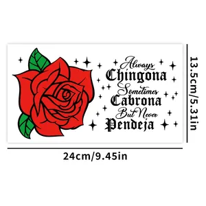 UV DTF Aufkleber mit roter Rose und kunstvoller Schrift für 16oz Glastassen
