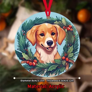8 cm runder Acryl-Weihnachtsanhänger mit süßem Hund und festlichem Kranzdekor