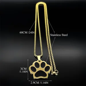 Golden stainless steel cat paw pendant necklace with dimensions 3x2.9cm and 60cm chain