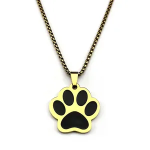 Cute gold stainless steel cat paw pendant necklace with black enamel inlay design