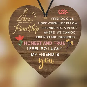 Hanging wooden heart plaque with friendship poem for home decor and Christmas trees