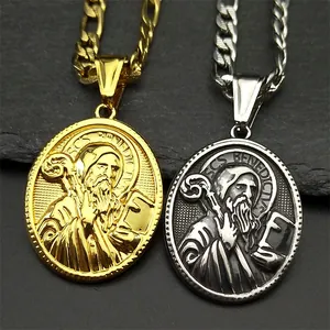 Collier Pendentif Médaille Saint Benoît en Acier Inoxydable Vintage pour Hommes Or Argent Chaîne Figaro Bijoux Religieux Cadeau