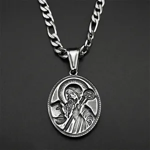 Collier avec pendentif médaille Saint Benoît en acier inoxydable et chaîne gourmette rétro