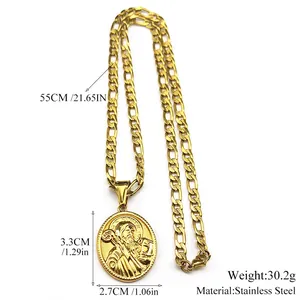Collier Saint Christophe doré avec chaîne Figaro et pendentif religieux ovale en acier