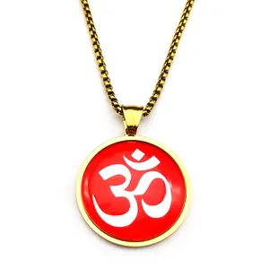 Collier chaîne boîte en acier doré avec pendentif cercle rouge symbole Om pour homme