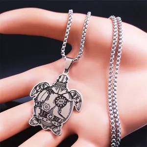 Steampunk μενταγιόν χελώνα από ανοξείδωτο ατσάλι με ασημί αλυσίδα και γρανάζια