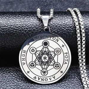 Collier Pendentif Cube de Métatron en Acier Inoxydable Rétro Géométrie Sacrée Médaille Ronde Chaîne Box pour Homme Femme