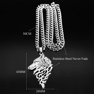 Pendentif tête de loup Viking en acier inoxydable avec chaîne de 50 cm pour homme