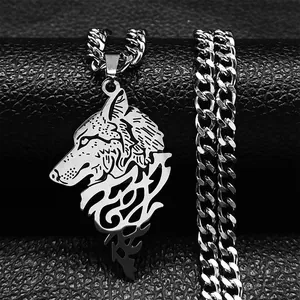 Collier Pendentif Tête de Loup Viking Mythologie Nordique Acier Inoxydable Chaîne Gourmette Rétro Punk Bijoux Cadeau Homme