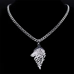 Pendentif tête de loup viking en acier inoxydable avec collier gourmette classique