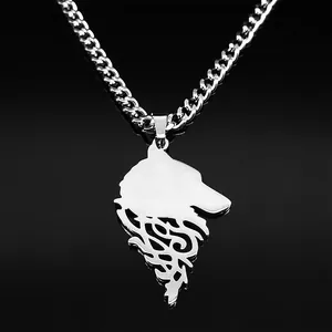 Pendentif loup Viking en acier inoxydable poli avec nœud celtique sur miroir noir