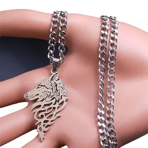 Pendentif loup Viking en acier inoxydable avec chaîne gourmette robuste pour hommes