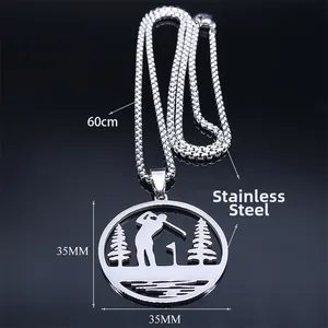 Collier de golf en acier inoxydable argenté avec pendentif silhouette et chaîne billes