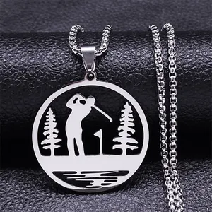 Collier Pendentif Thème Sport Golf en Acier Inoxydable Pour Hommes Femmes Argent Design Golfeur Creux Chaîne Maille Miroir Bijoux