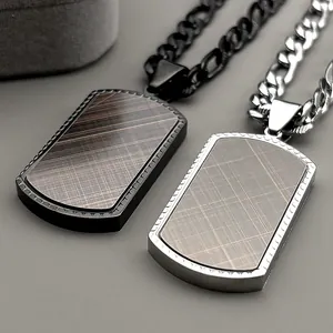 Collier Pendentif Plaque d'Identité en Acier Inoxydable pour Hommes Maille Figaro Brossé Industriel Bijoux Hip Hop Punk Cadeau