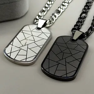Hip Hop Stainless Steel Military Dog Tag Pendant Necklace Geometric Laser Etched Pattern Industrial Style Men Women Jewelry