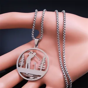 Collier de golf en acier inoxydable argenté avec silhouette de golfeur et chaîne ronde