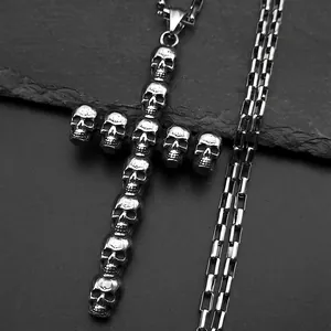 Collier Pendentif Croix Crâne Gothique En Acier Inoxydable Rétro Punk Bijoux Halloween Cadeau Pour Hommes Femmes Esthétique Sombre