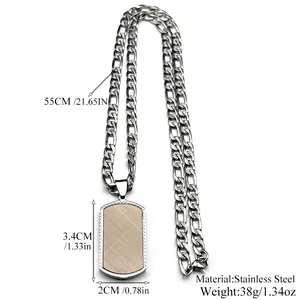 Collier maille Figaro pour homme en acier inoxydable avec pendentif plaque rectangulaire