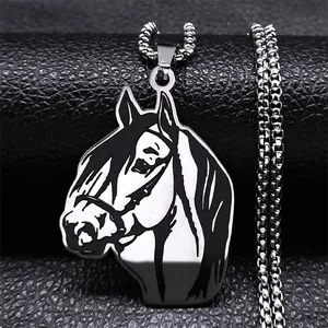 Collier Pendentif Tête de Cheval en Acier Inoxydable Design Animal Vintage Punk Pour Hommes Unisexe Chaîne Vénitienne Argent Noir Bijoux Cadeau