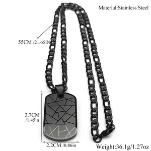 Black stainless steel dog tag necklace for men with geometric lines and 55cm chain